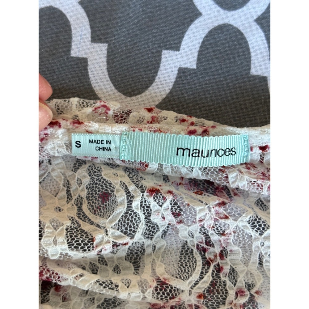 Maurices Lace Top Small White Red Floral Short Puff Sleeve Cottagecore Romantic - Picture 5 of 11